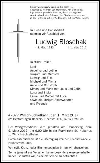 Todesanzeige von Ludwig Bloschak von Rheinische Post