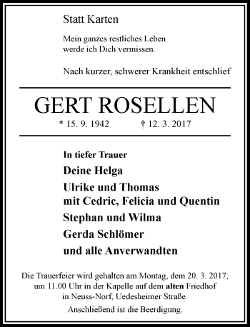 Todesanzeige von Gert Rosellen von Rheinische Post