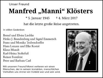 Todesanzeige von Manfred Klösters von Rheinische Post