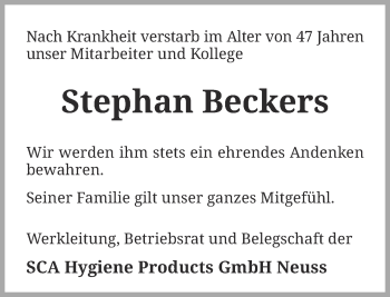 Todesanzeige von Stephan Beckers von Rheinische Post