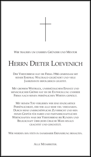 Todesanzeige von Dieter Loevenich von Rheinische Post
