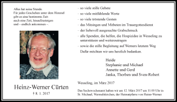 Todesanzeige von Heinz-Werner Cürten von Rheinische Post