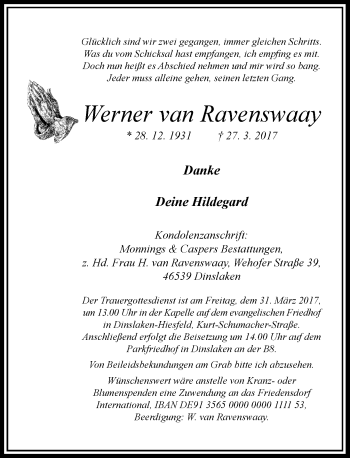 Todesanzeige von Werner van Ravenswaay von Rheinische Post