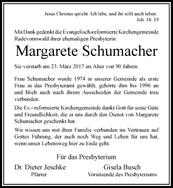 Todesanzeige von Margarete Schumacher von Rheinische Post