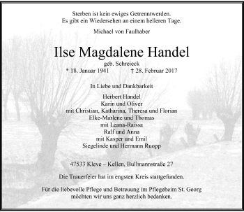 Todesanzeige von Ilse Magdalene Handel von Rheinische Post