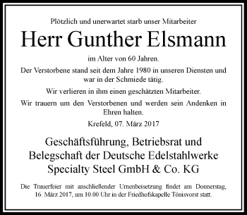Todesanzeige von Gunther Elsmann von Rheinische Post