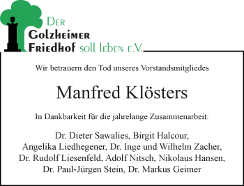Todesanzeige von Manfred Klösters von Rheinische Post