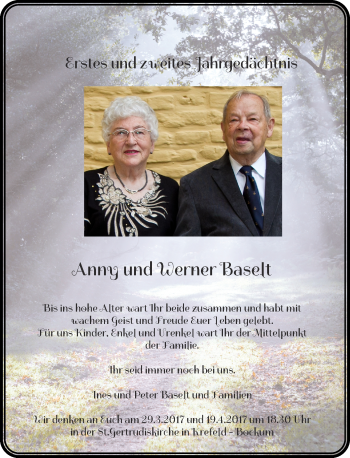 Todesanzeige von Anny und Werner Baselt von Rheinische Post
