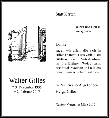 Todesanzeige von Walter Gilles von Rheinische Post