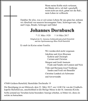 Todesanzeige von Johannes Dornbusch von Rheinische Post