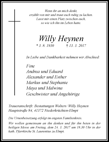 Todesanzeige von Willy Heynen von Rheinische Post