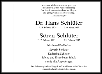 Todesanzeige von Hans und Sören Schlüter von Rheinische Post