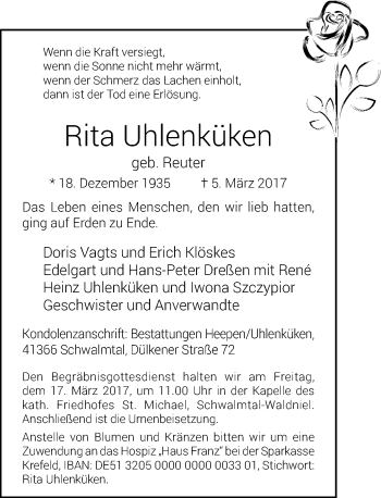 Todesanzeige von Rita Uhlenküken von Rheinische Post