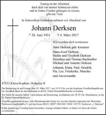 Todesanzeige von Johann Derksen von Rheinische Post