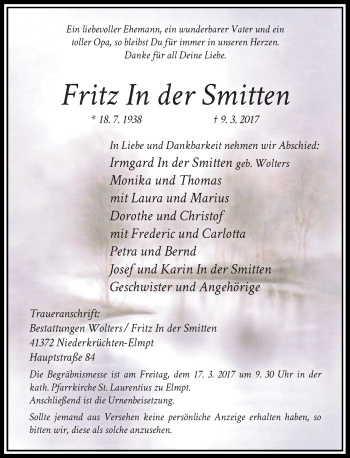 Todesanzeige von Fritz Inder In der Smitten von Rheinische Post