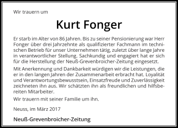 Todesanzeige von Kurt Fonger von Rheinische Post