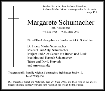 Todesanzeige von Margarete Schumacher von Rheinische Post