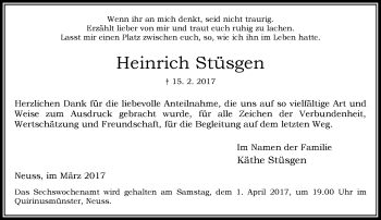 Todesanzeige von Heinrich Stüsgen von Rheinische Post