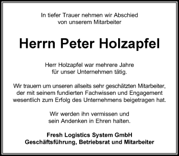 Todesanzeige von Peter Holzapfel von Rheinische Post