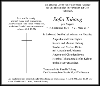 Todesanzeige von Sofia Tohang von Rheinische Post