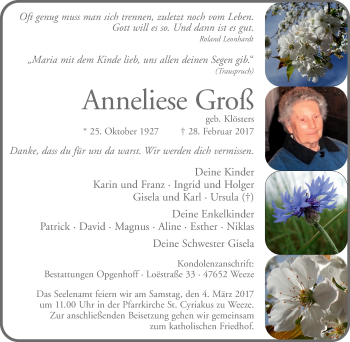 Todesanzeige von Anneliese Groß von Rheinische Post