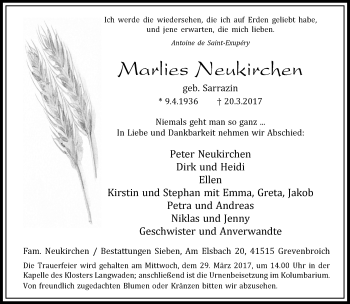 Todesanzeige von Marlies Neukirchen von Rheinische Post