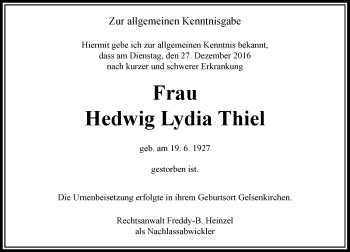 Todesanzeige von Hedwig Lydia Thiel von Rheinische Post