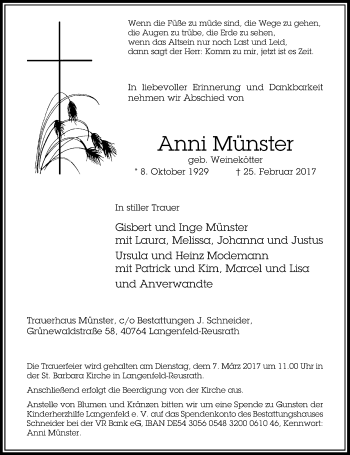 Todesanzeige von Anni Münster von Rheinische Post