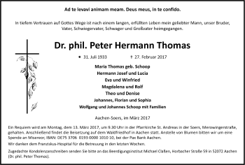 Todesanzeige von Peter Hermann Thomas von Rheinische Post