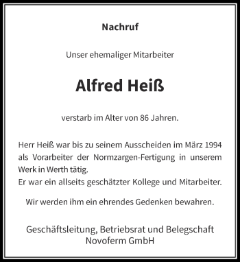 Todesanzeige von Alfred Heiß von Rheinische Post