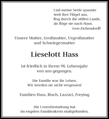 Todesanzeige von Lieselott Hass von Rheinische Post