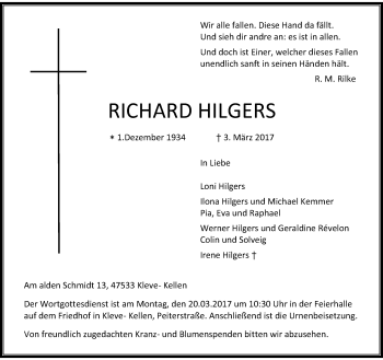 Todesanzeige von Richard Hilgers von Rheinische Post