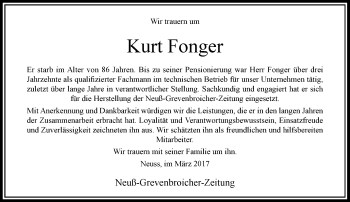 Todesanzeige von Kurt Fonger von Rheinische Post