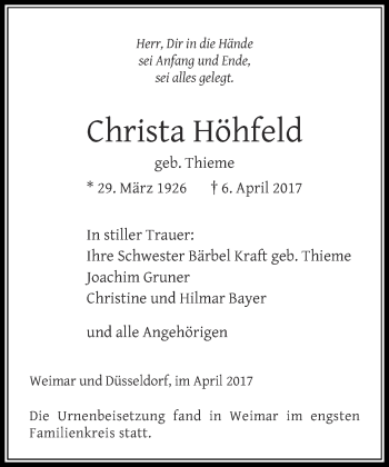 Todesanzeige von Christa Höhfeld von Rheinische Post