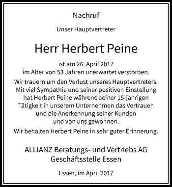 Todesanzeige von Herbert Peine von Rheinische Post