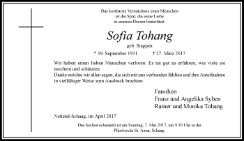 Todesanzeige von Sofia Tohang von Rheinische Post