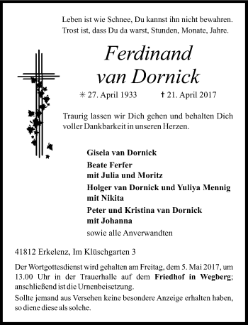 Todesanzeige von Ferdinand van Dornick von Rheinische Post