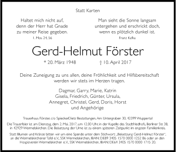 Todesanzeige von Gerd-Helmut Förster von Rheinische Post