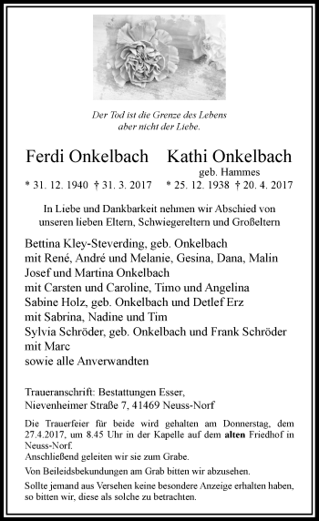 Todesanzeige von Ferdi/Kathi Onkelbach von Rheinische Post