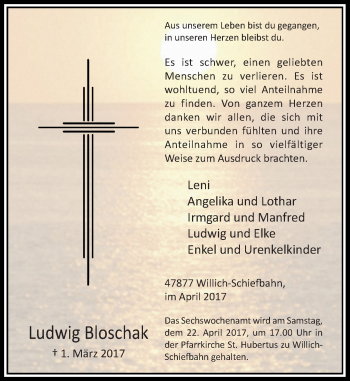 Todesanzeige von Ludwig Bloschak von Rheinische Post