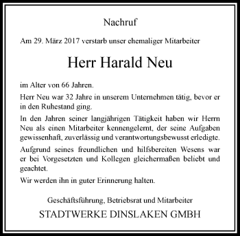 Todesanzeige von Harald Neu von Rheinische Post