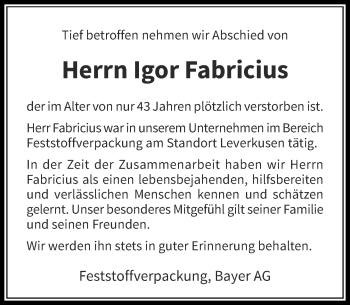 Todesanzeige von Igor Fabricius von Rheinische Post