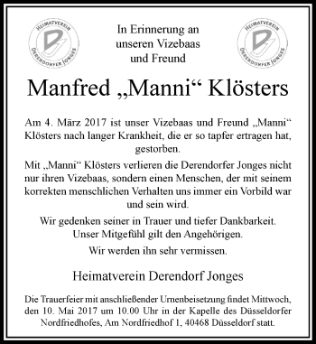 Todesanzeige von Manfred Klösters von Rheinische Post