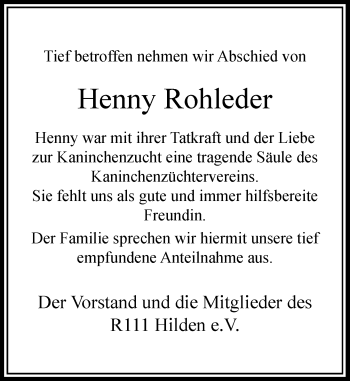 Todesanzeige von Henny Rohleder von Rheinische Post