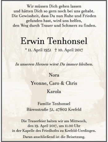 Todesanzeige von Erwin Tenhonsel von Rheinische Post