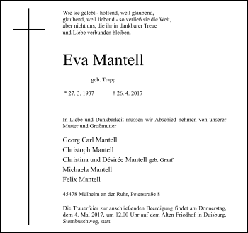 Todesanzeige von Eva Mantell von Rheinische Post