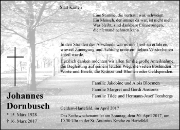Todesanzeige von Johannes Dornbusch von Rheinische Post