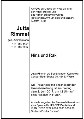 Todesanzeige von Jutta Rimmel von Rheinische Post