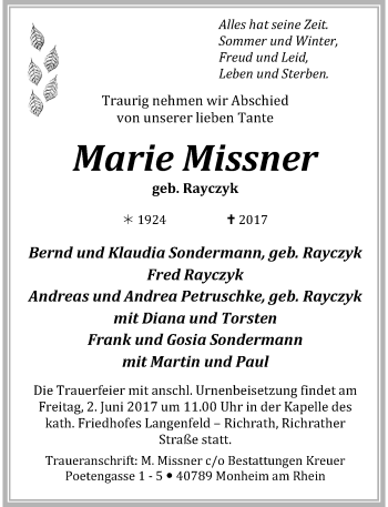Todesanzeige von Marie Missner von Rheinische Post