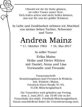 Todesanzeige von Andrea Mainz von Rheinische Post